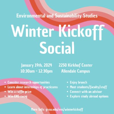 Light blue background with pink and peach stripes promoting Winter Kickoff Social for ENS department.